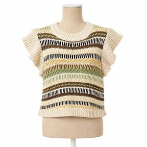 Boho Striped Flutter Sleeve Knit Top Sz S Brown Indie Festival Crochet Statement